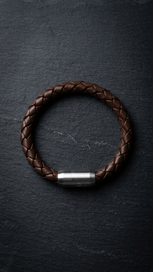 Braunes geflochtenes Lederarmband mit silberfarbenem Verschluss auf dunklem Schiefer.