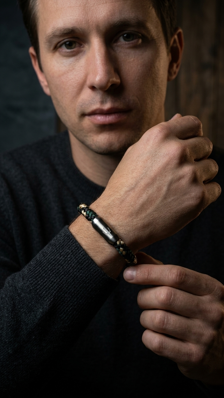 Männliches Model trägt das Woodland Camo Segeltauarmband in Grün, Schwarz und Beige am Handgelenk