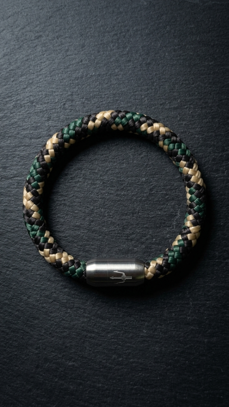 Nautic Force Woodland Camo – Segeltauarmband in Grün, Schwarz und Beige mit Edelstahl-Dreizackverschluss auf dunklem Schiefer