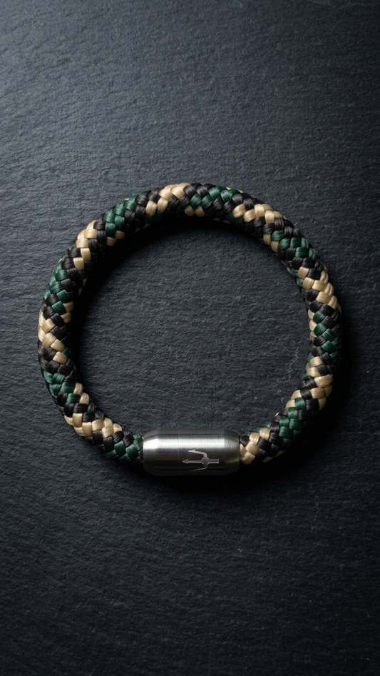 Nautic Force Woodland Camo – Segeltauarmband in Grün, Schwarz und Beige mit Edelstahl-Dreizackverschluss auf dunklem Schiefer