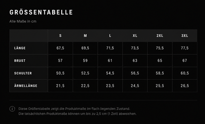 Größentabelle für das DREIZENTIA Essential Raw Herren-T-Shirt mit Maßen von S bis 3XL