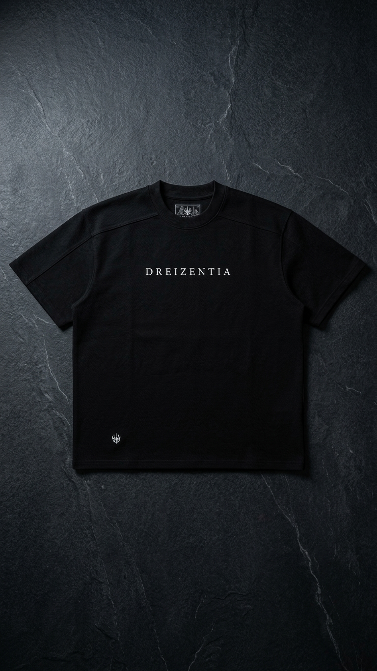 Schwarzes DREIZENTIA Essential Raw Herren-T-Shirt als Produktfoto auf dunklem Schiefer