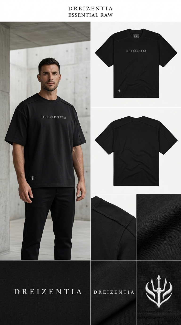 Schwarzes DREIZENTIA Essential Raw Herren-T-Shirt mit Model, Vorder- und Rückansicht sowie Stoffdetails