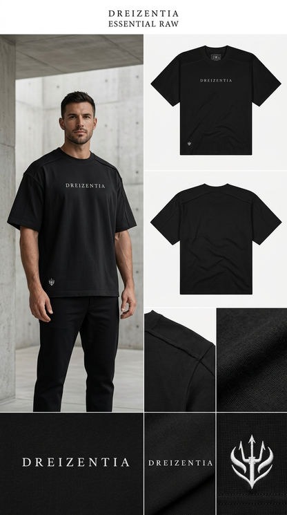 Schwarzes DREIZENTIA Essential Raw Herren-T-Shirt mit Model, Vorder- und Rückansicht sowie Stoffdetails