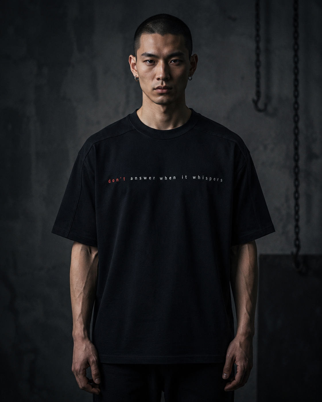 Model trägt schwarzes Dreizentia Shadows T-Shirt mit kleinem Frontprint vor dunklem Hintergrund