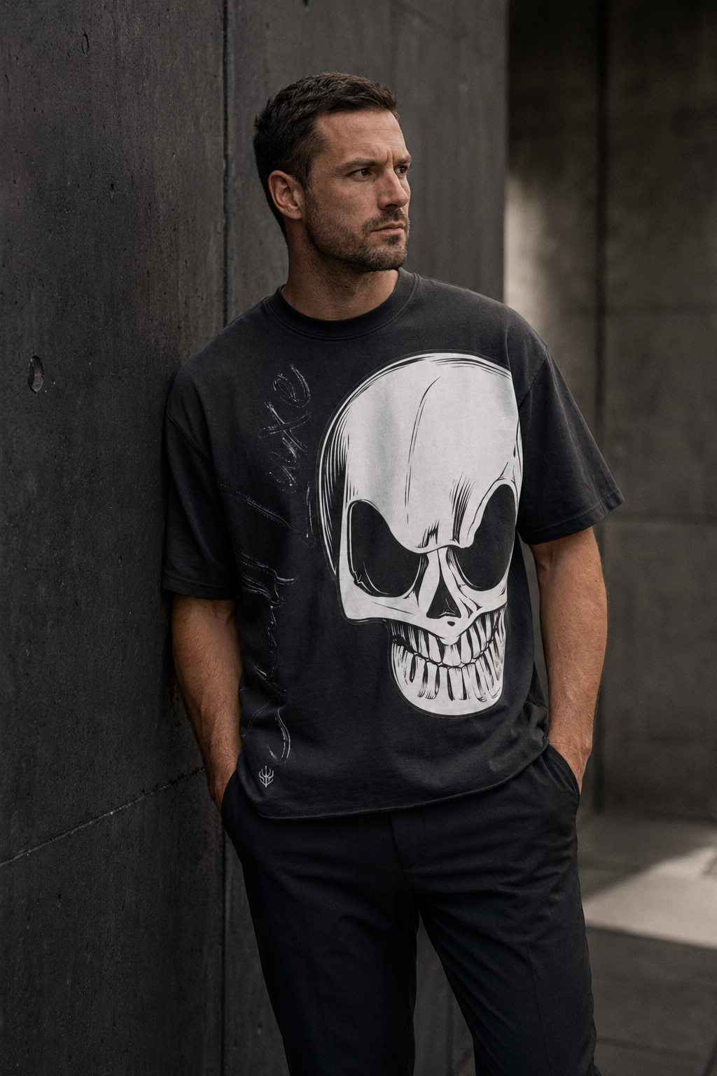 Model trägt schwarzes DREIZENTIA Skull Luxe Herren-T-Shirt mit großem Totenkopf-Print an einer Betonwand