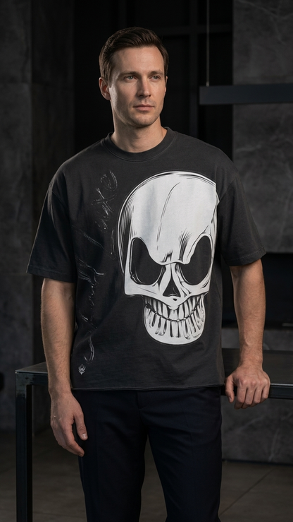 Model trägt schwarzes DREIZENTIA Skull Luxe Herren-T-Shirt mit großem Totenkopf-Print in dunkler Studioatmosphäre