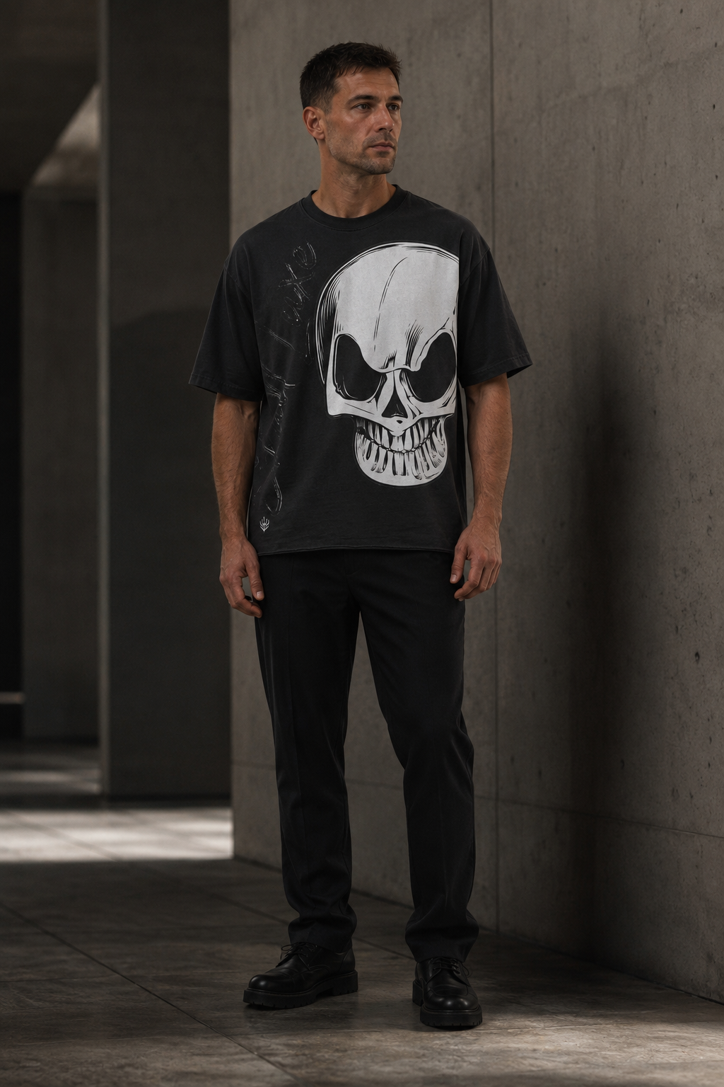 Ganzkörperaufnahme eines Models im schwarzen DREIZENTIA Skull Luxe Herren-T-Shirt mit großem Totenkopf-Print