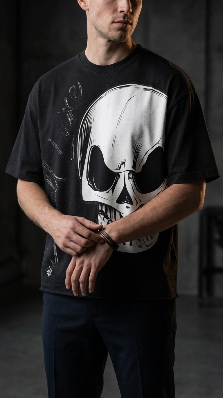Detailaufnahme eines schwarzen DREIZENTIA Skull Luxe Herren-T-Shirts mit großem Totenkopf-Print und Herrenarmband