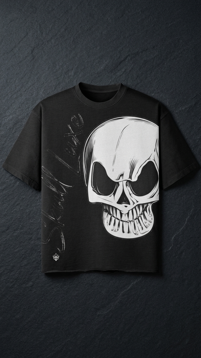 Schwarzes DREIZENTIA Skull Luxe Herren-T-Shirt mit großem weißem Totenkopf-Print als Produktfoto auf Schiefer