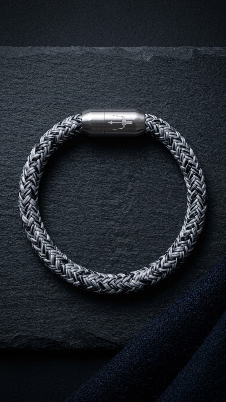 Grau-schwarzes geflochtenes Armband mit silberfarbenem Dreizack Verschluss als Produktfoto auf dunklem Schiefer.
