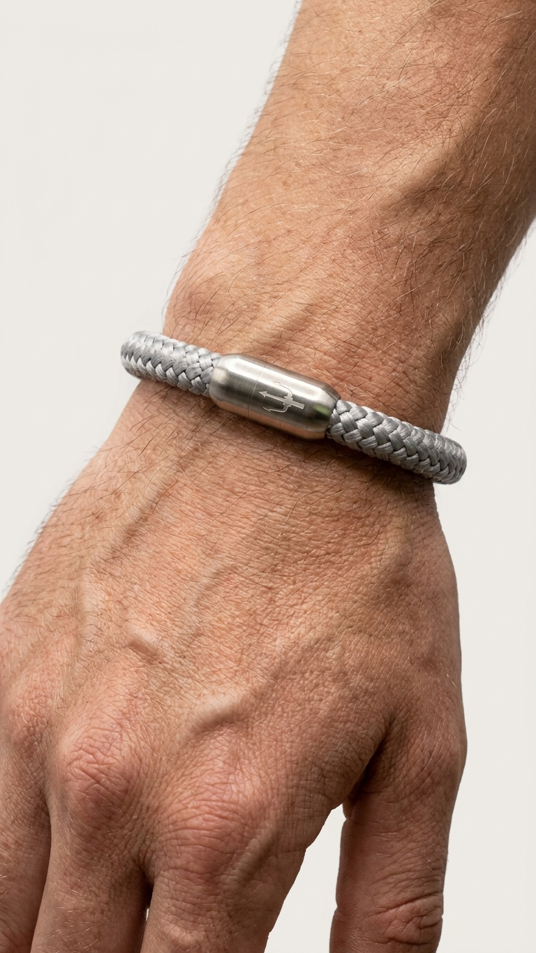 Hellgraues geflochtenes Seilarmband mit Edelstahlverschluss als Detailaufnahme am Handgelenk