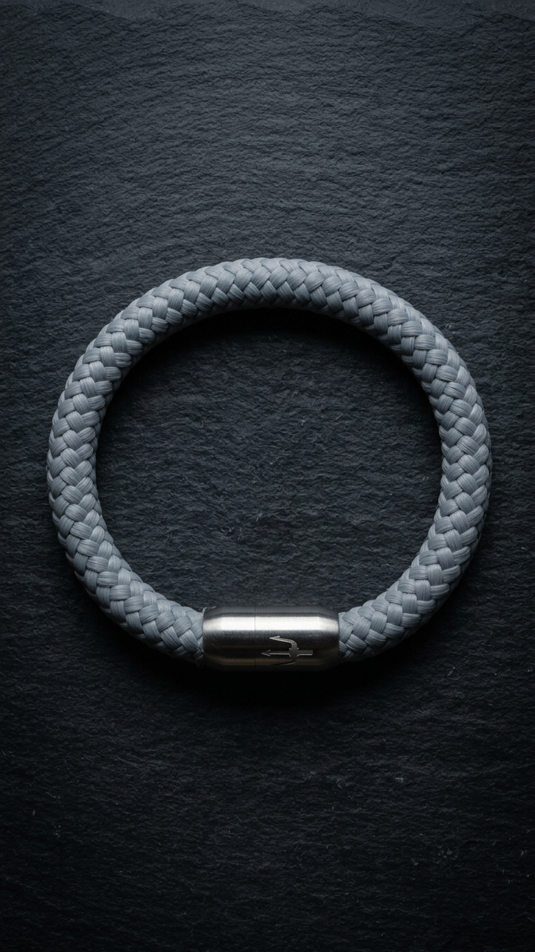Hellgraues geflochtenes Seilarmband mit Edelstahlverschluss als Produktfoto auf dunklem Schiefer
