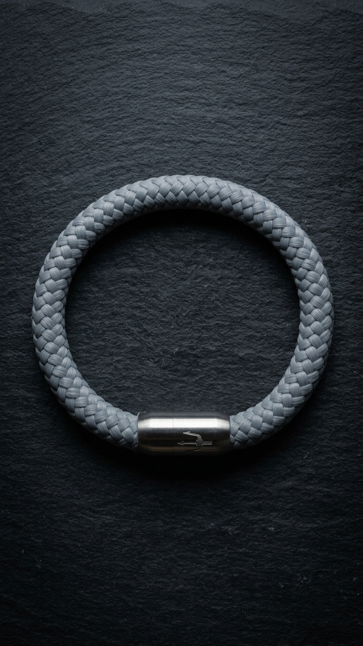Hellgraues geflochtenes Seilarmband mit Edelstahlverschluss als Produktfoto auf dunklem Schiefer