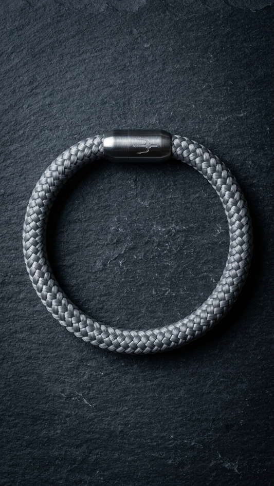 Hellgraues geflochtenes Seilarmband mit Edelstahlverschluss als Produktfoto auf dunklem Schiefer