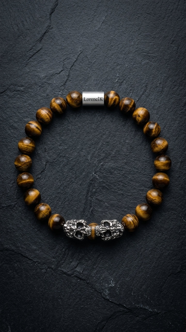 LorenciK Tigerauge-Perlenarmband mit zwei silberfarbenen Schaedelperlen auf dunklem Schiefer.
