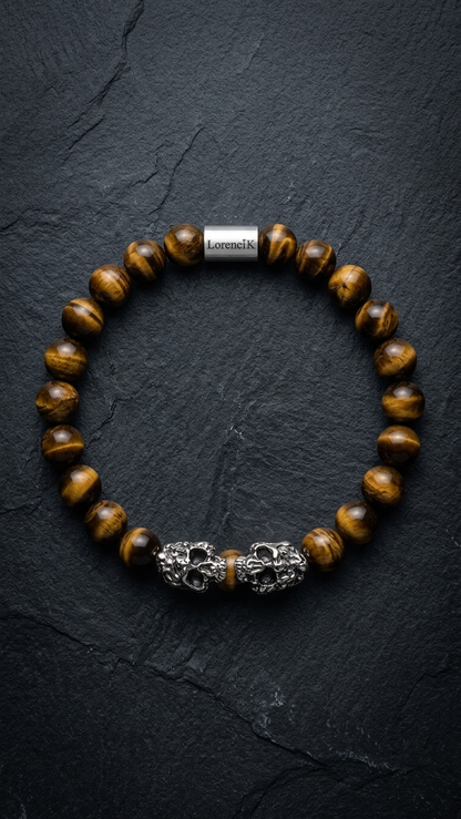 LorenciK Tigerauge-Perlenarmband mit zwei silberfarbenen Schaedelperlen auf dunklem Schiefer.