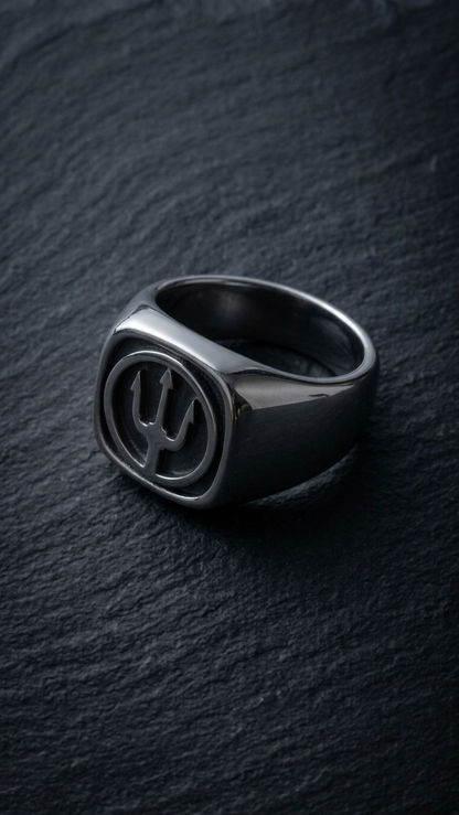 Lorencik™ Trident Signature Ring aus Edelstahl – dunkle Produktaufnahme