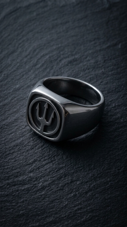 Lorencik™ Trident Signature Ring aus Edelstahl – dunkle Produktaufnahme