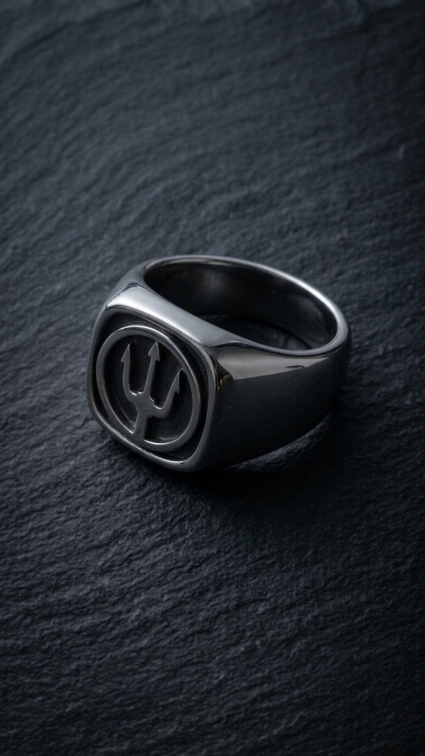 Lorencik™ Trident Signature Ring aus Edelstahl – dunkle Produktaufnahme