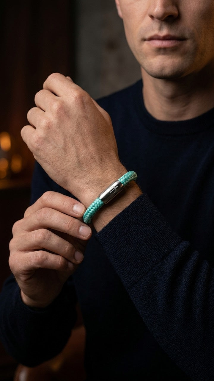 Mintfarbenes geflochtenes Armband mit silberfarbenem Dreizack Verschluss am Handgelenk eines Models mit dunklem Pullover.