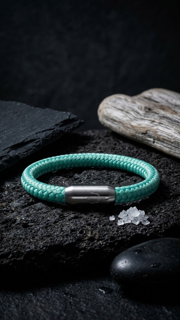 Mintfarbenes geflochtenes Armband mit silberfarbenem Dreizack Verschluss als Stillleben mit Lavastein, Salz und Holz.