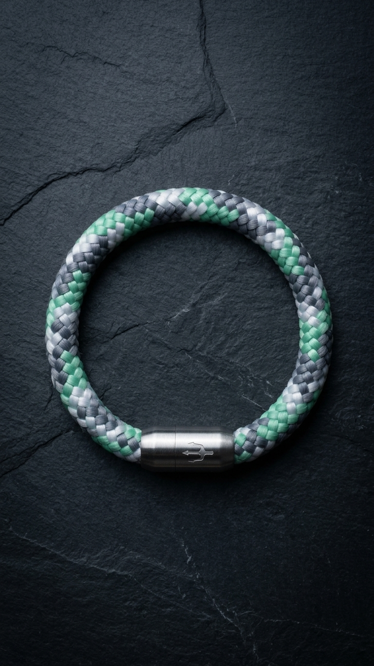 Mint-grau-weißes geflochtenes Seilarmband mit Edelstahlverschluss als Produktfoto auf dunklem Schiefer