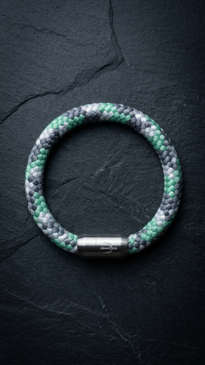 Mint-grau-weißes geflochtenes Seilarmband mit Edelstahlverschluss als Produktfoto auf dunklem Schiefer