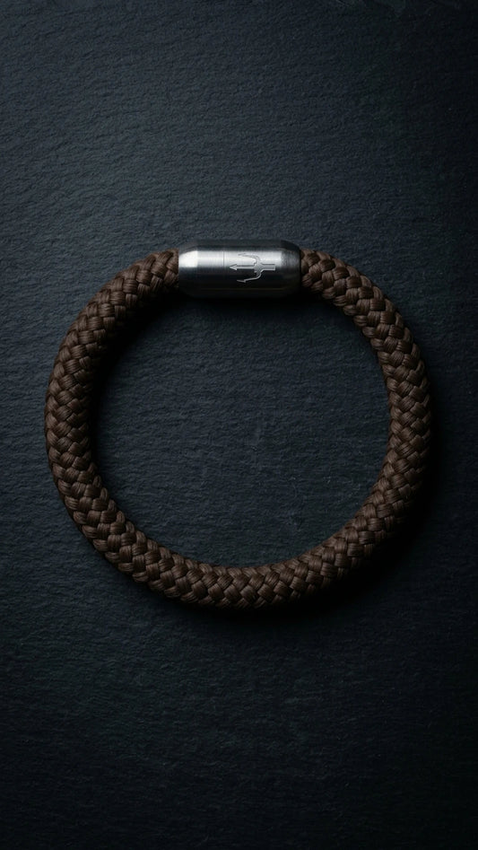 Nautic Force Dark Harbor – dunkelbraunes 8-mm-Segeltauarmband mit gebürstetem Edelstahlverschluss und Dreizack auf dunklem Schiefer