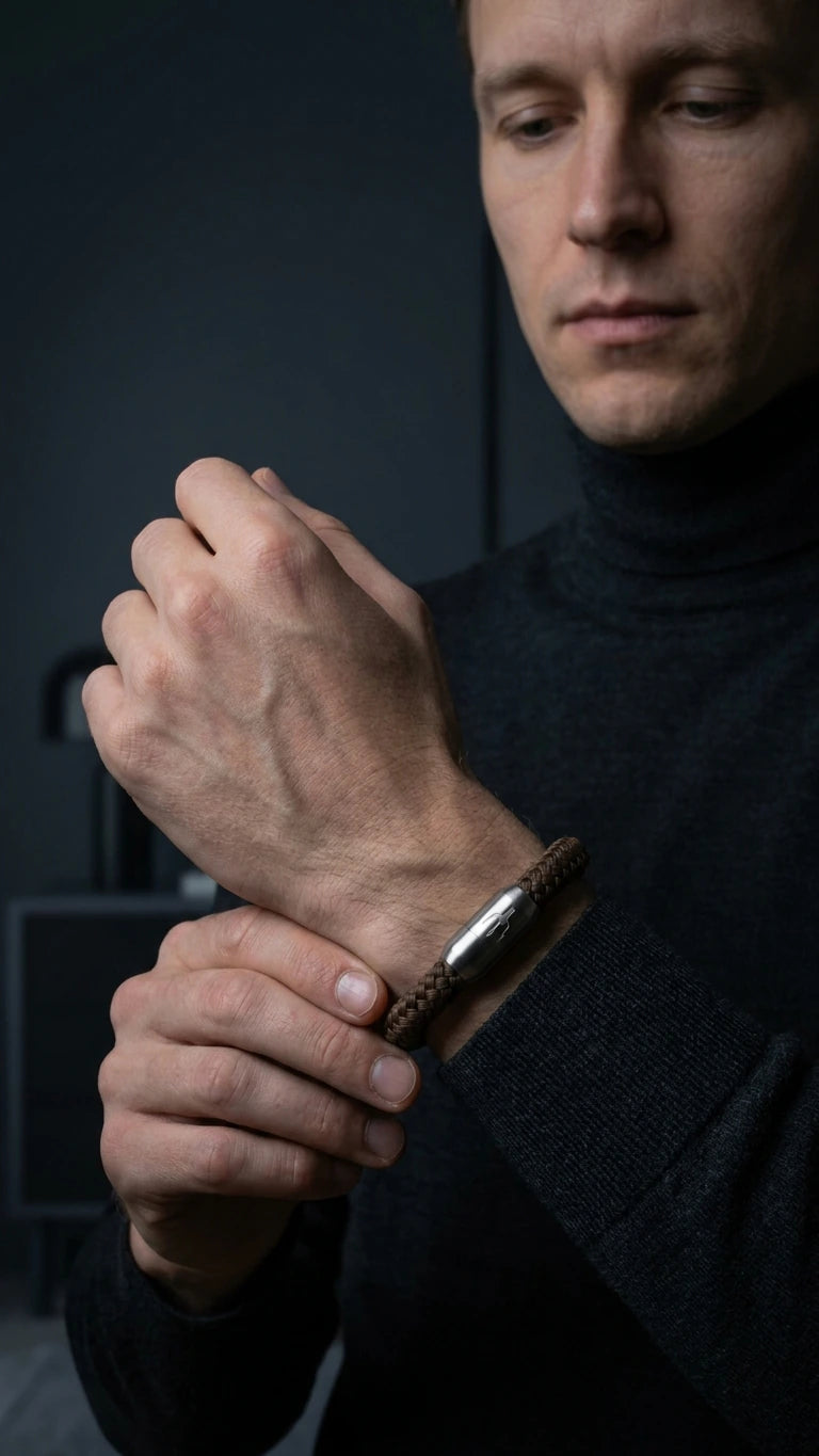 Männliches Model trägt das dunkelbraune Nautic Force Dark Harbor Segeltauarmband zum schwarzen Rollkragenpullover