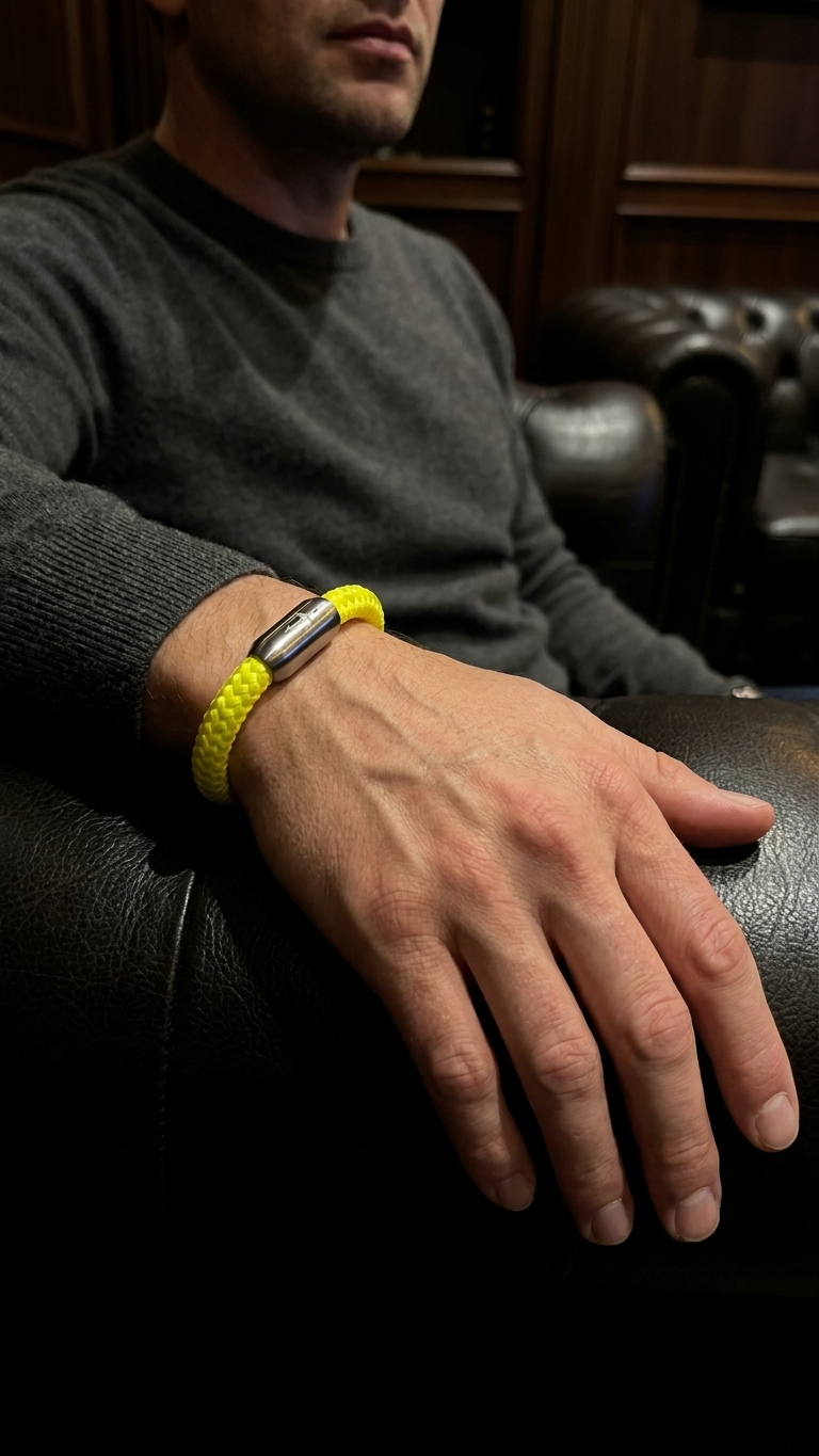Model trägt neongelbes geflochtenes Seilarmband mit Edelstahlverschluss auf dunklem Ledersessel