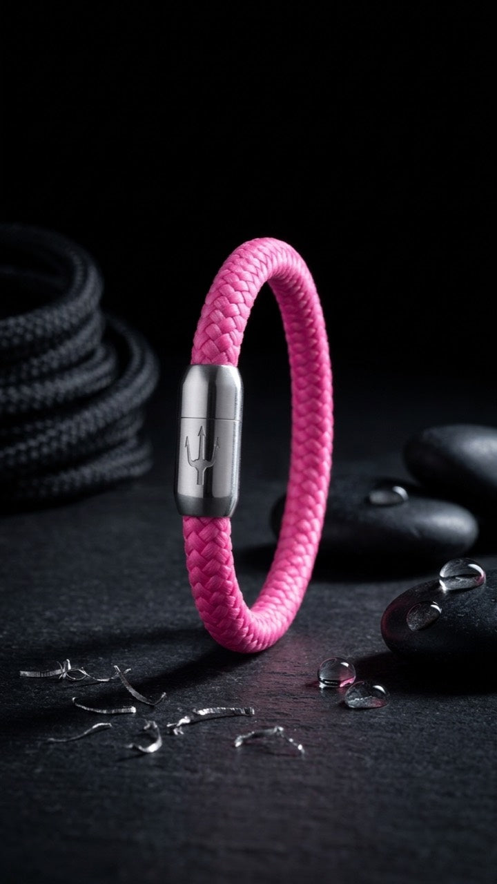 Pinkes geflochtenes Armband mit silberfarbenem Dreizack Verschluss als Stillleben mit schwarzen Steinen und Wassertropfen.