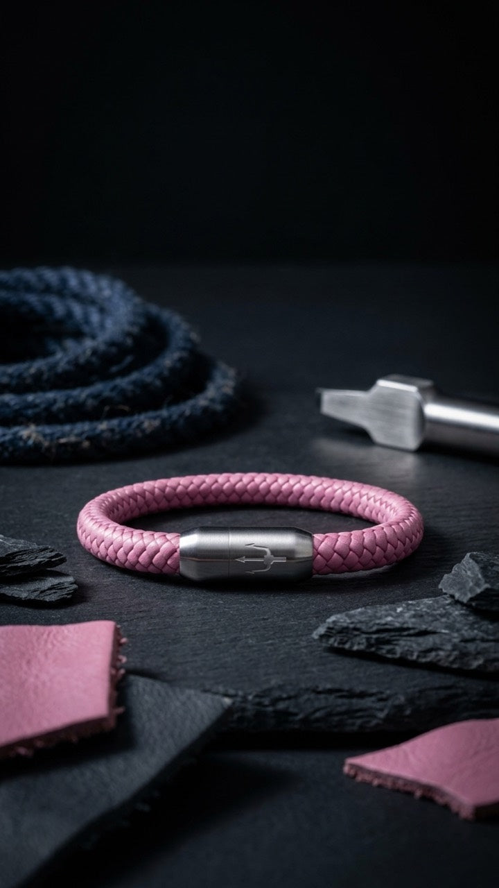 Rosafarbenes geflochtenes Armband mit silberfarbenem Dreizack Verschluss als Stillleben mit Schiefer, Leder und Werkzeug.