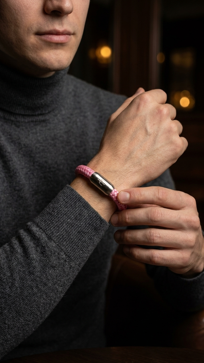Model trägt rosa geflochtenes Seilarmband mit Edelstahlverschluss am Handgelenk