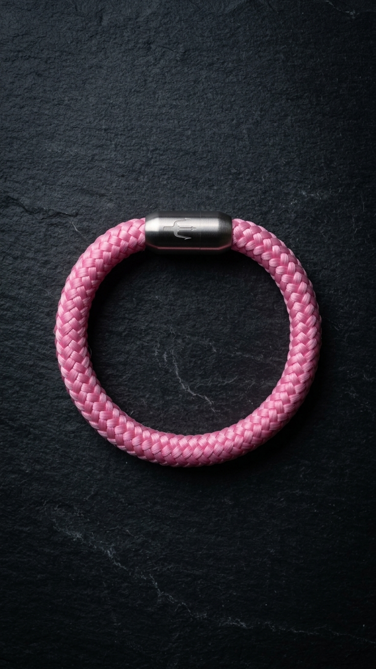 Rosa geflochtenes Seilarmband mit Edelstahlverschluss als Produktfoto auf dunklem Schiefer