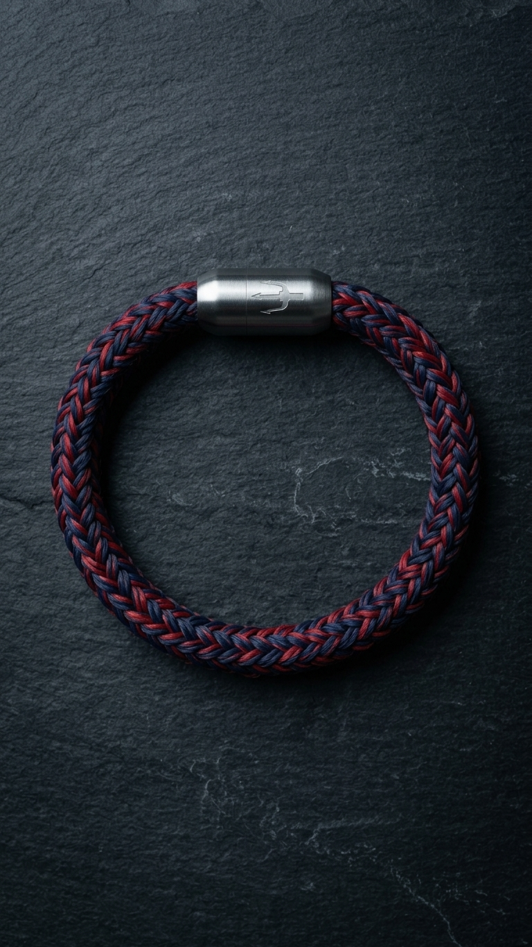 Rot-blaues geflochtenes Seilarmband mit Edelstahlverschluss als Produktfoto auf dunklem Schiefer