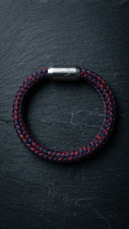 Rot-blaues geflochtenes Seilarmband mit Edelstahlverschluss als Produktfoto auf dunklem Schiefer