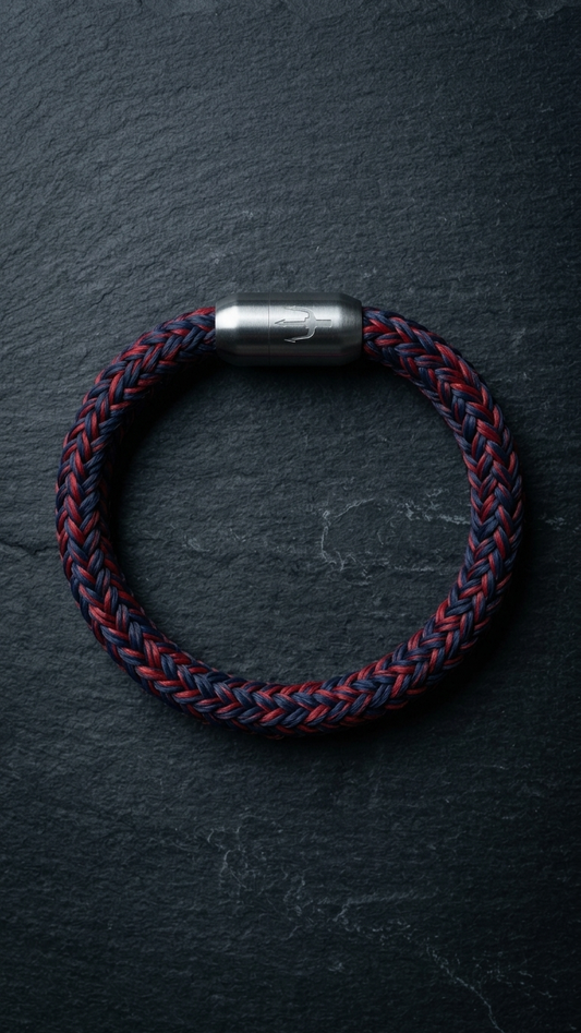 Rot-blaues geflochtenes Seilarmband mit Edelstahlverschluss als Produktfoto auf dunklem Schiefer