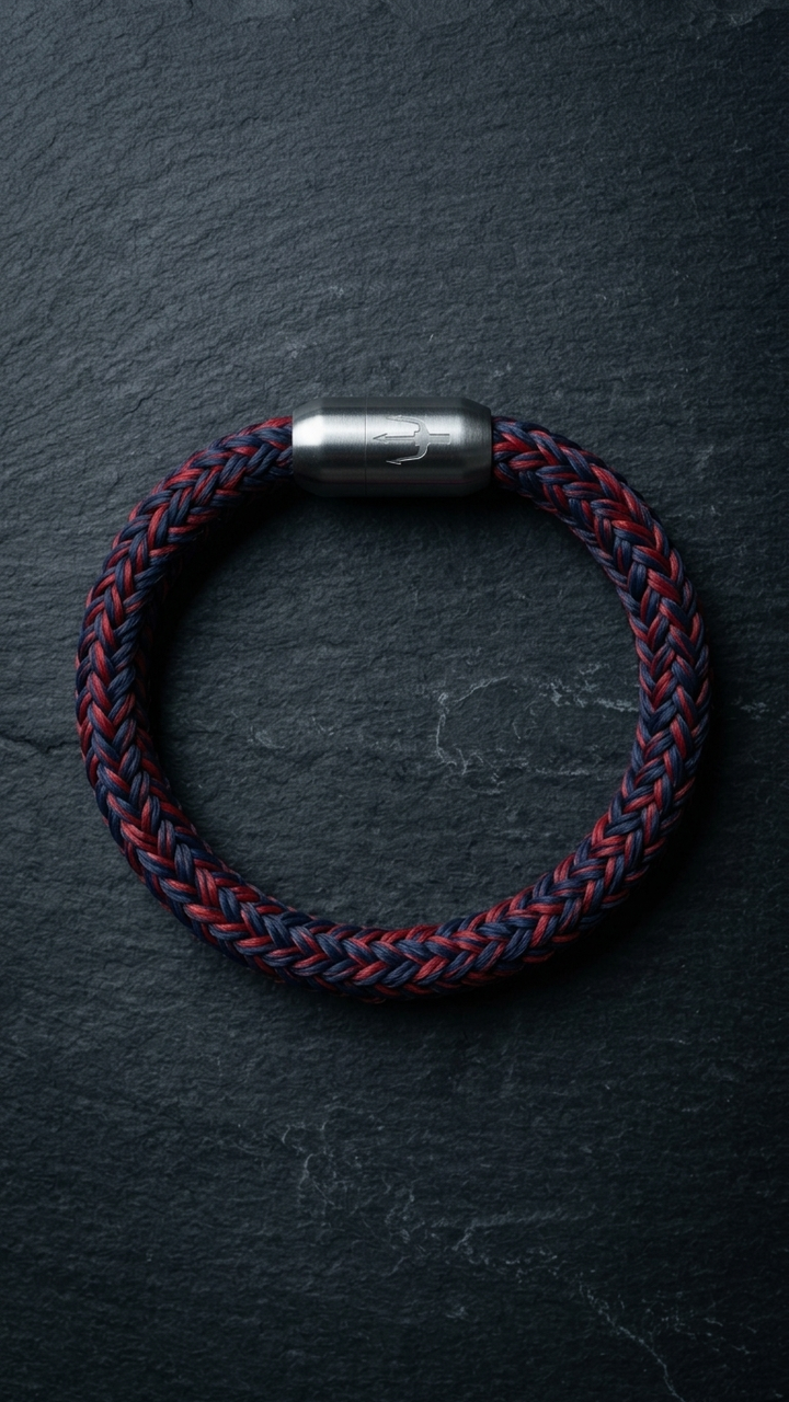 Rot-blaues geflochtenes Seilarmband mit Edelstahlverschluss als Produktfoto auf dunklem Schiefer