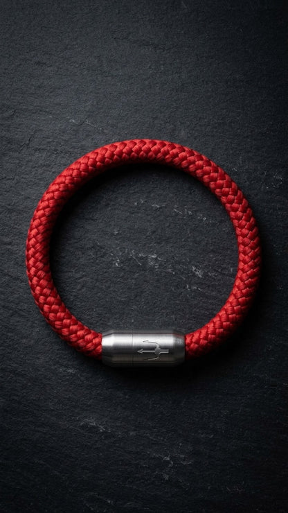 Rotes geflochtenes Armband mit silberfarbenem Dreizack Verschluss als Produktfoto auf dunklem Schiefer.