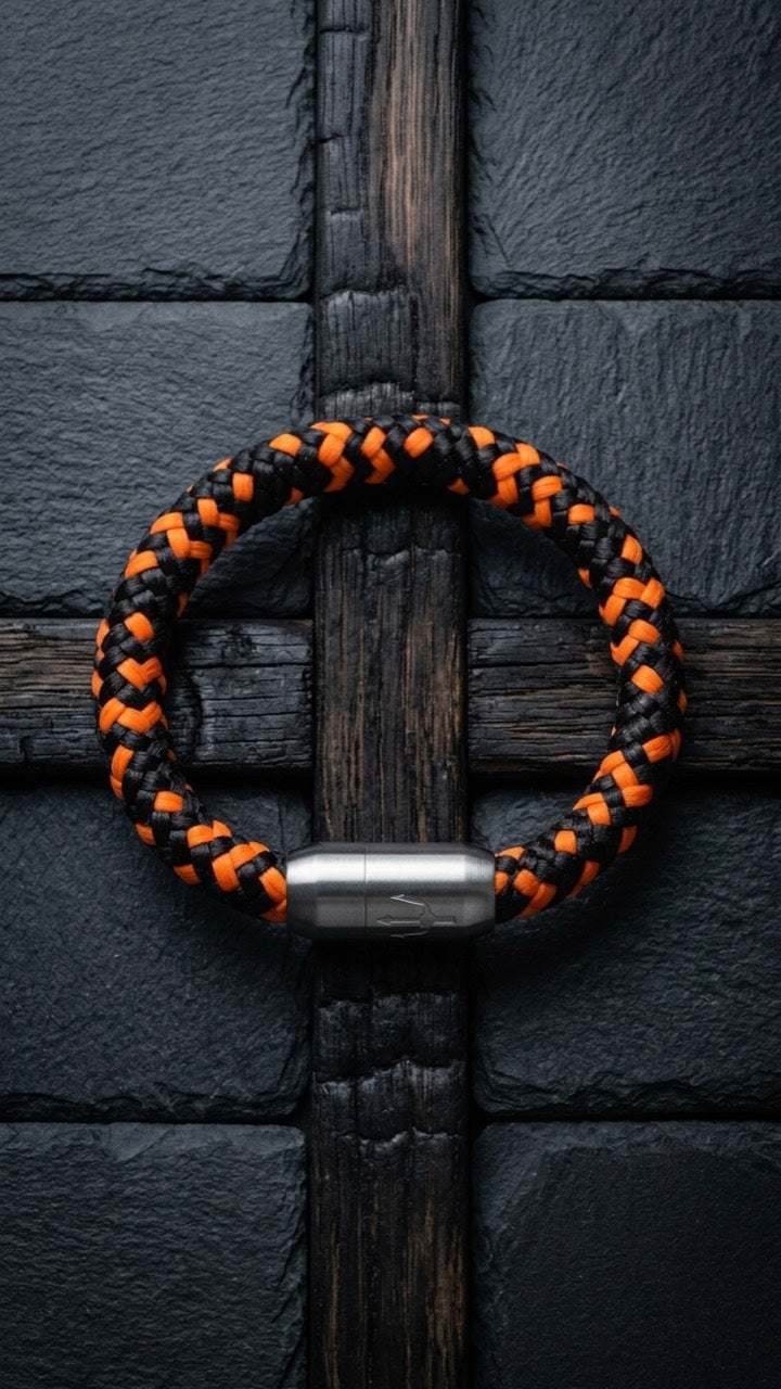 Schwarz-oranges geflochtenes Armband mit silberfarbenem Dreizack Verschluss als Produktfoto auf Holz und Schiefer.