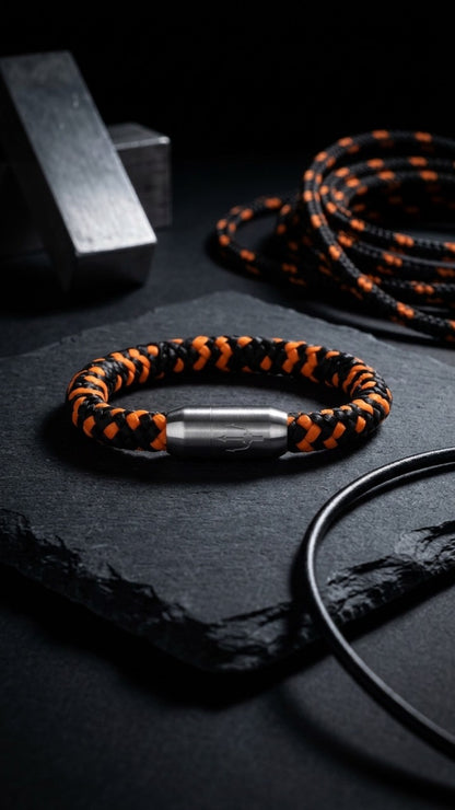 Schwarz-oranges geflochtenes Armband mit silberfarbenem Dreizack Verschluss als Stillleben auf dunklem Schiefer.