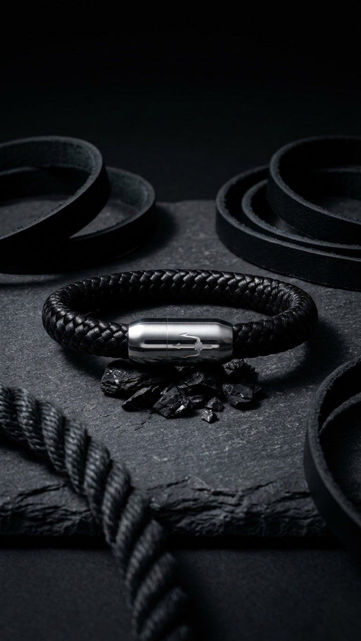 Schwarzes geflochtenes Armband mit silberfarbenem Dreizack Verschluss als Stillleben mit Leder und Schiefer.