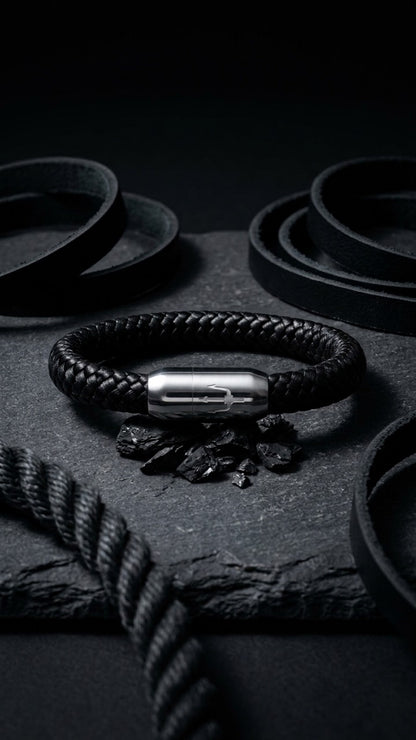 Schwarzes geflochtenes Armband mit silberfarbenem Dreizack Verschluss als Stillleben mit Leder und Schiefer.