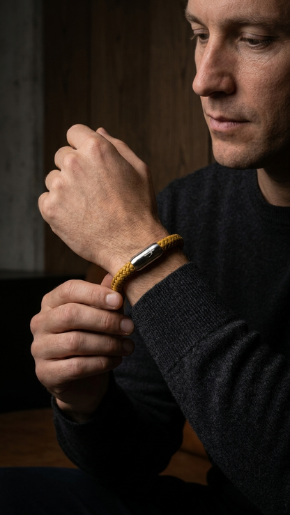 Model trägt senfgelbes geflochtenes Seilarmband mit Edelstahlverschluss am Handgelenk