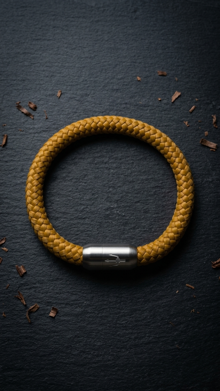 Senfgelbes geflochtenes Seilarmband mit Edelstahlverschluss als Produktfoto auf dunklem Schiefer