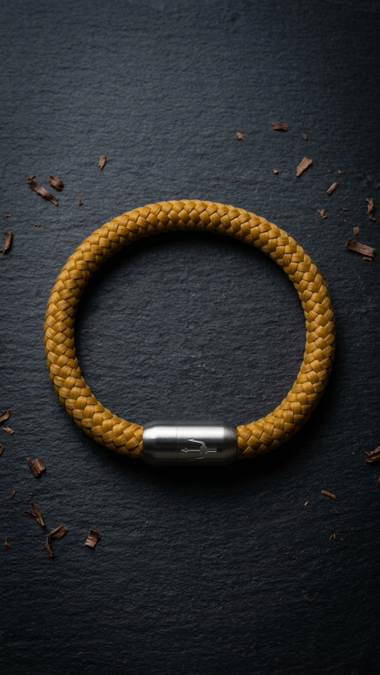 Senfgelbes geflochtenes Seilarmband mit Edelstahlverschluss als Produktfoto auf dunklem Schiefer