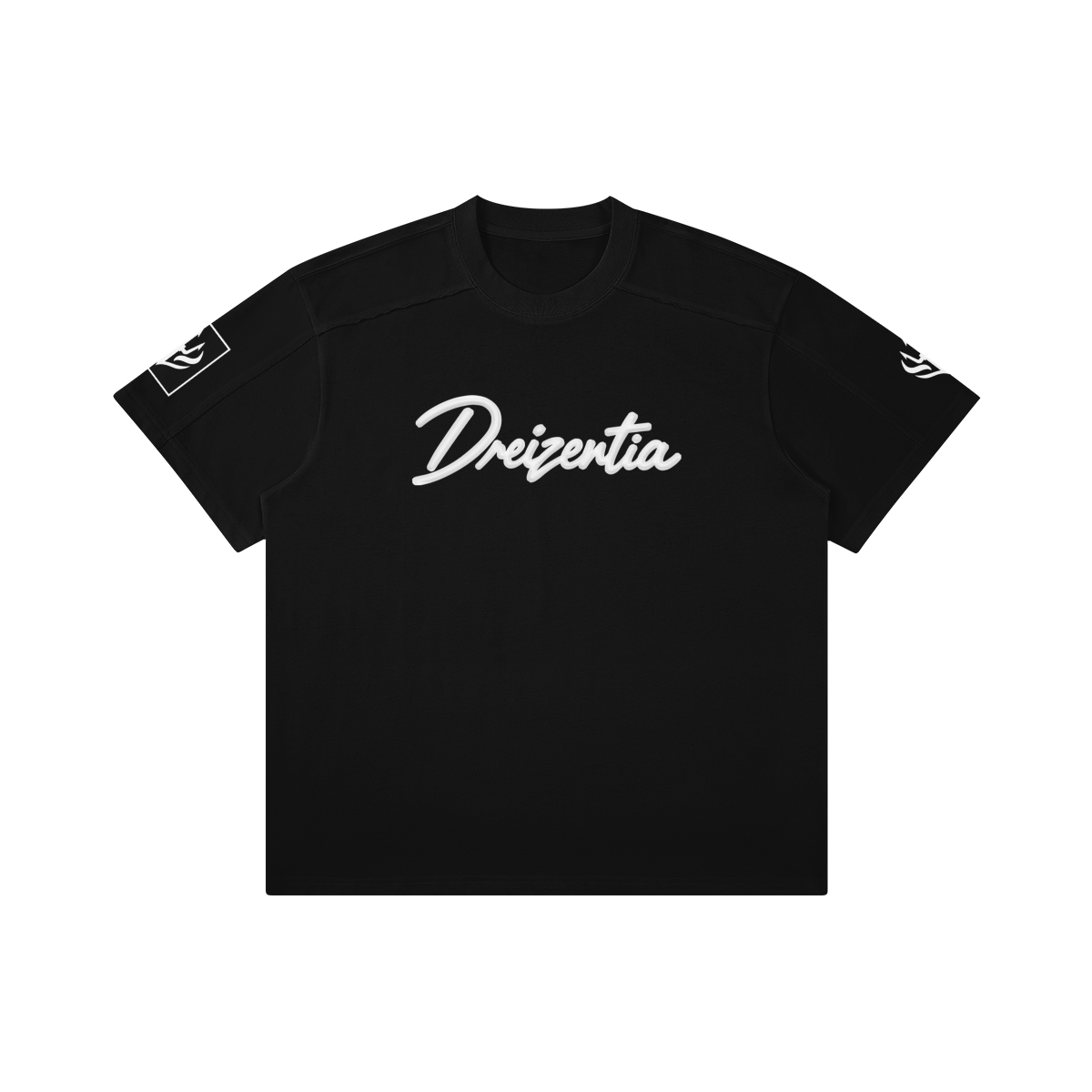 Vorderansicht des schwarzen DREIZENTIA REVIER ROYAL Boxy T-Shirts mit weißem 3D-Schriftzug und Ärmelstickereien.