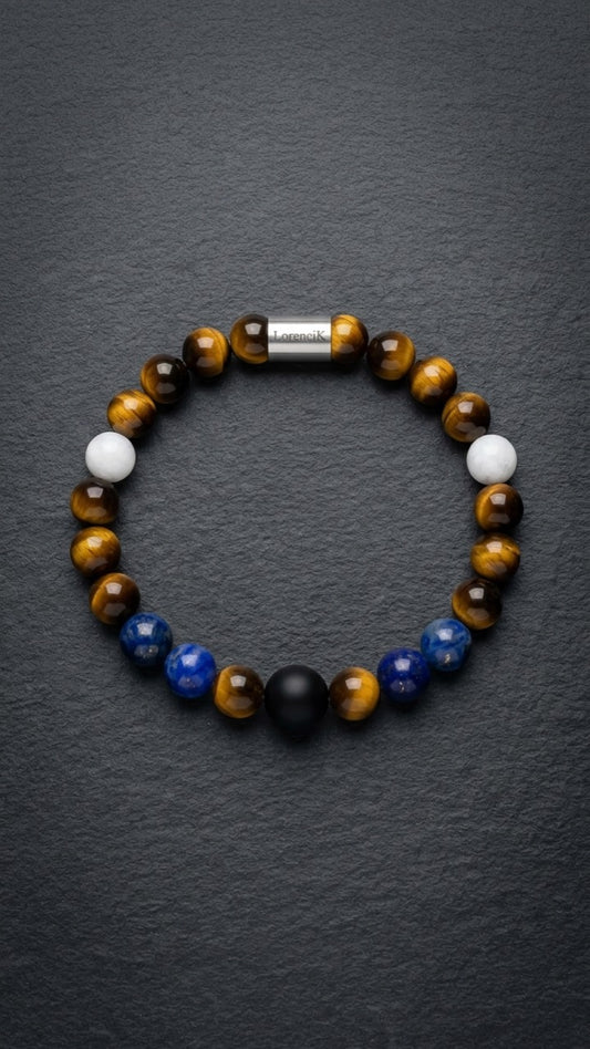 Perlenarmband mit Tigerauge-, blauen und weißen Perlen auf dunklem Schiefer
