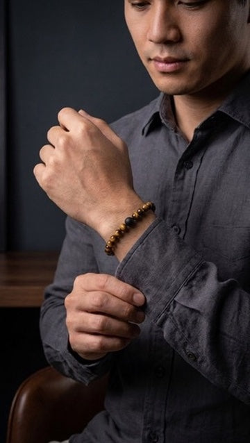 Tigerauge Perlenarmband am Herrenhandgelenk zu grauem Hemd